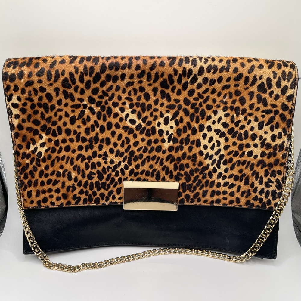 Vince Camuto black & Leopard Clutch with Gold Chain